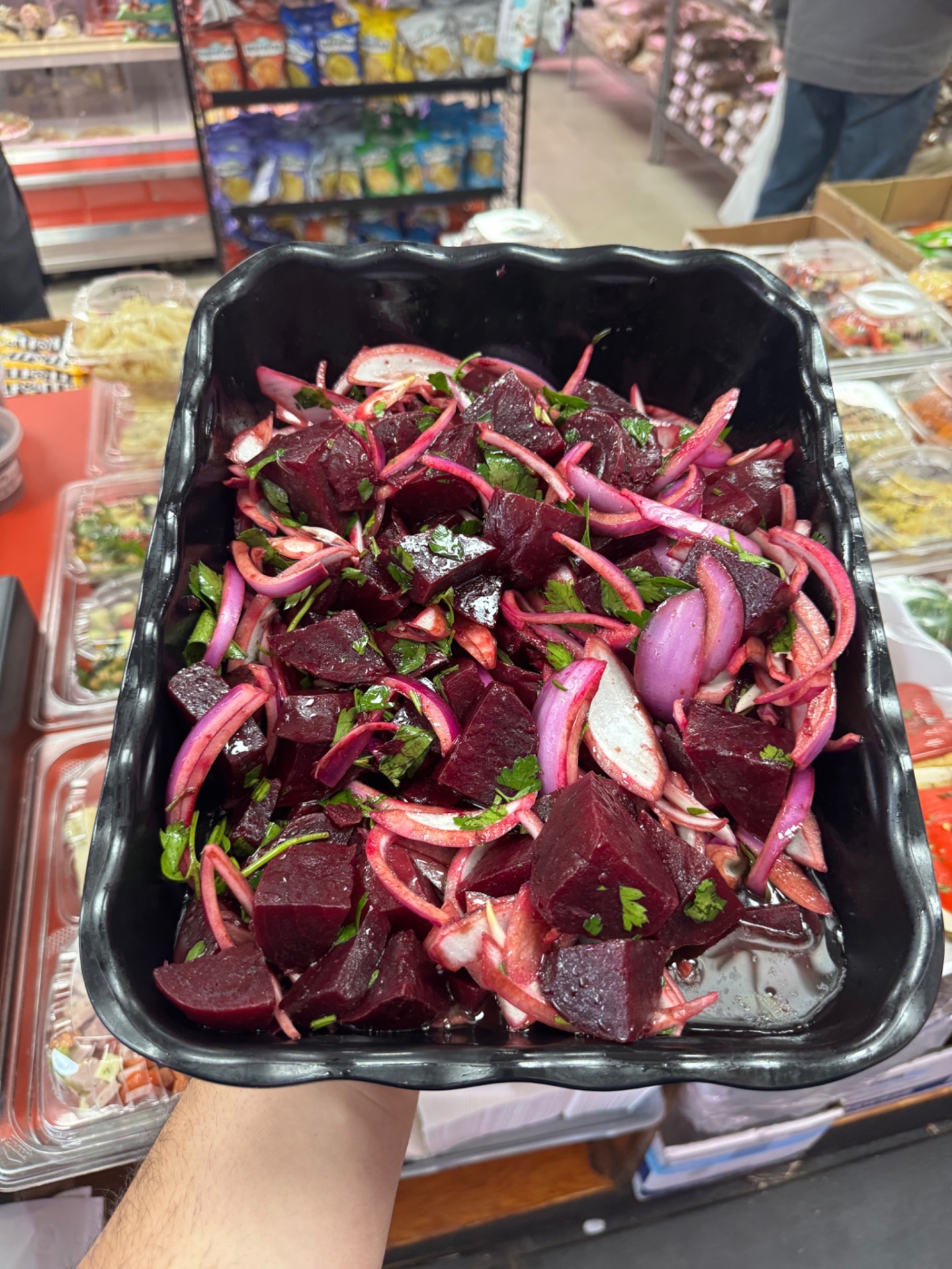 Roasted beet salad with red onion and parsley