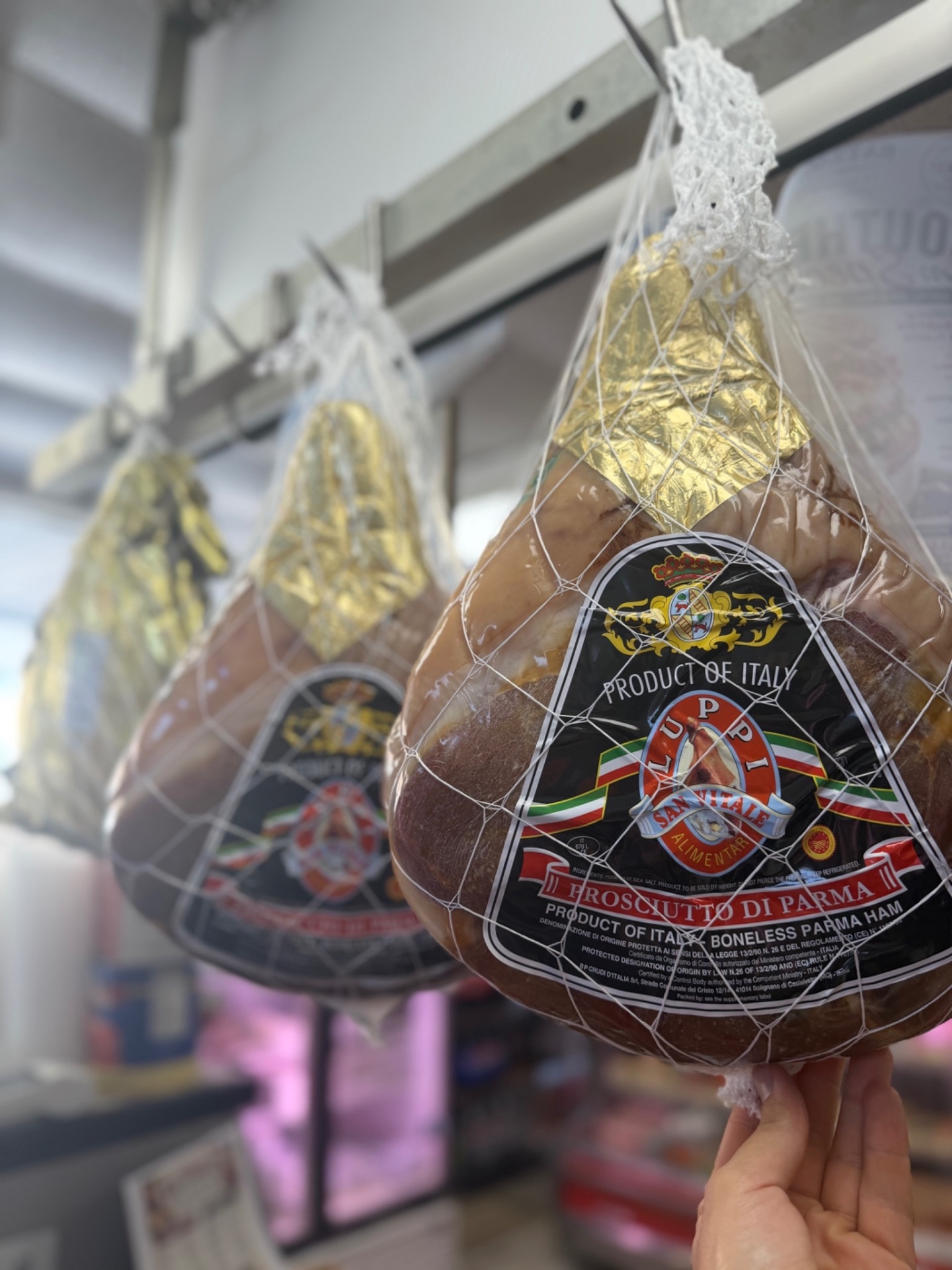 Prosciutto di Parma hanging at Battaglia's