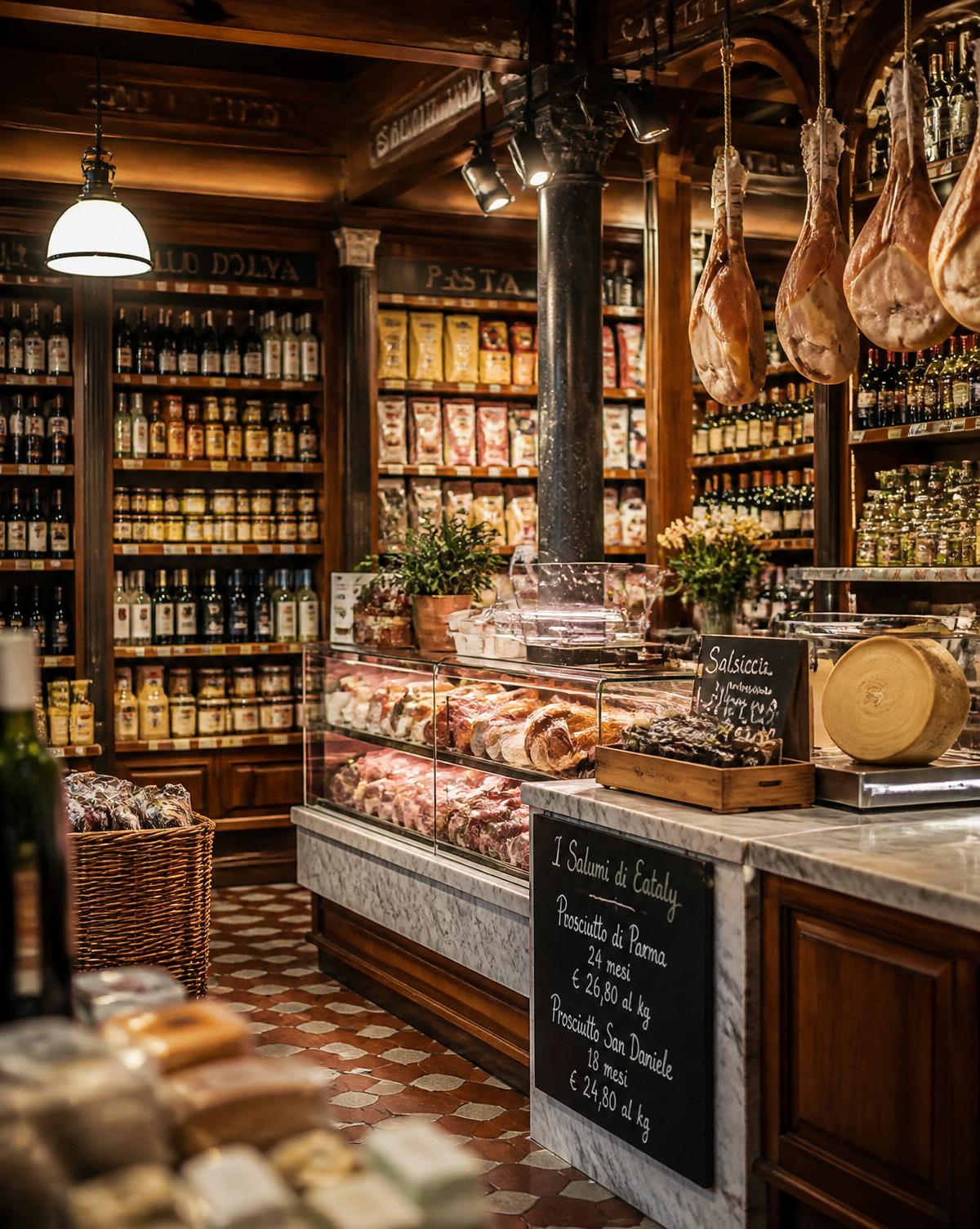Interior of Battaglia's Italian deli with cured meats and imported goods